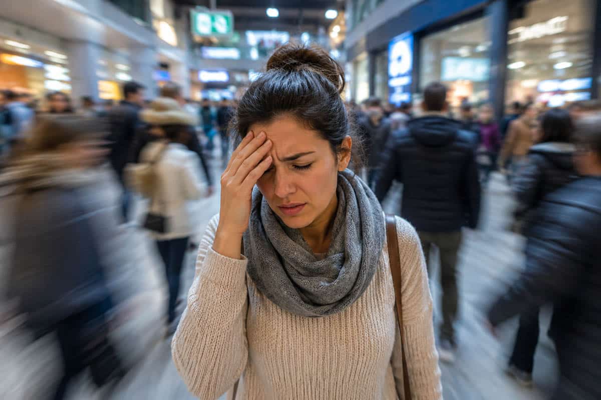 Vestibuläre Migräne mit Schwindel und Benommenheit in einer Umgebung mit vielen visuellen Reizen