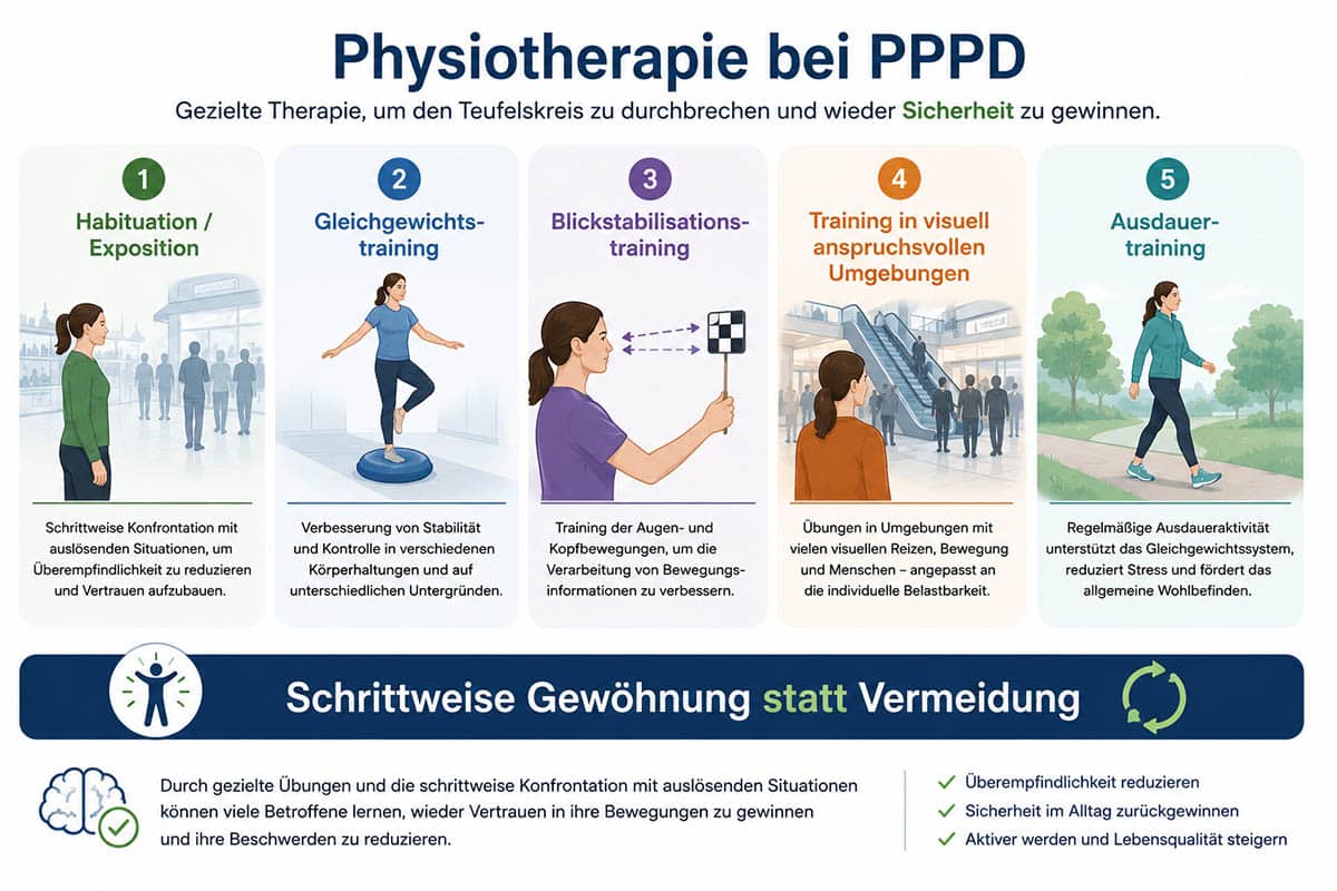 Grafik zur Physiotherapie bei PPPD mit Habituation, Exposition, Gleichgewichtstraining, Blickstabilisationstraining, Training in visuell anspruchsvollen Umgebungen und Ausdauertraining.
