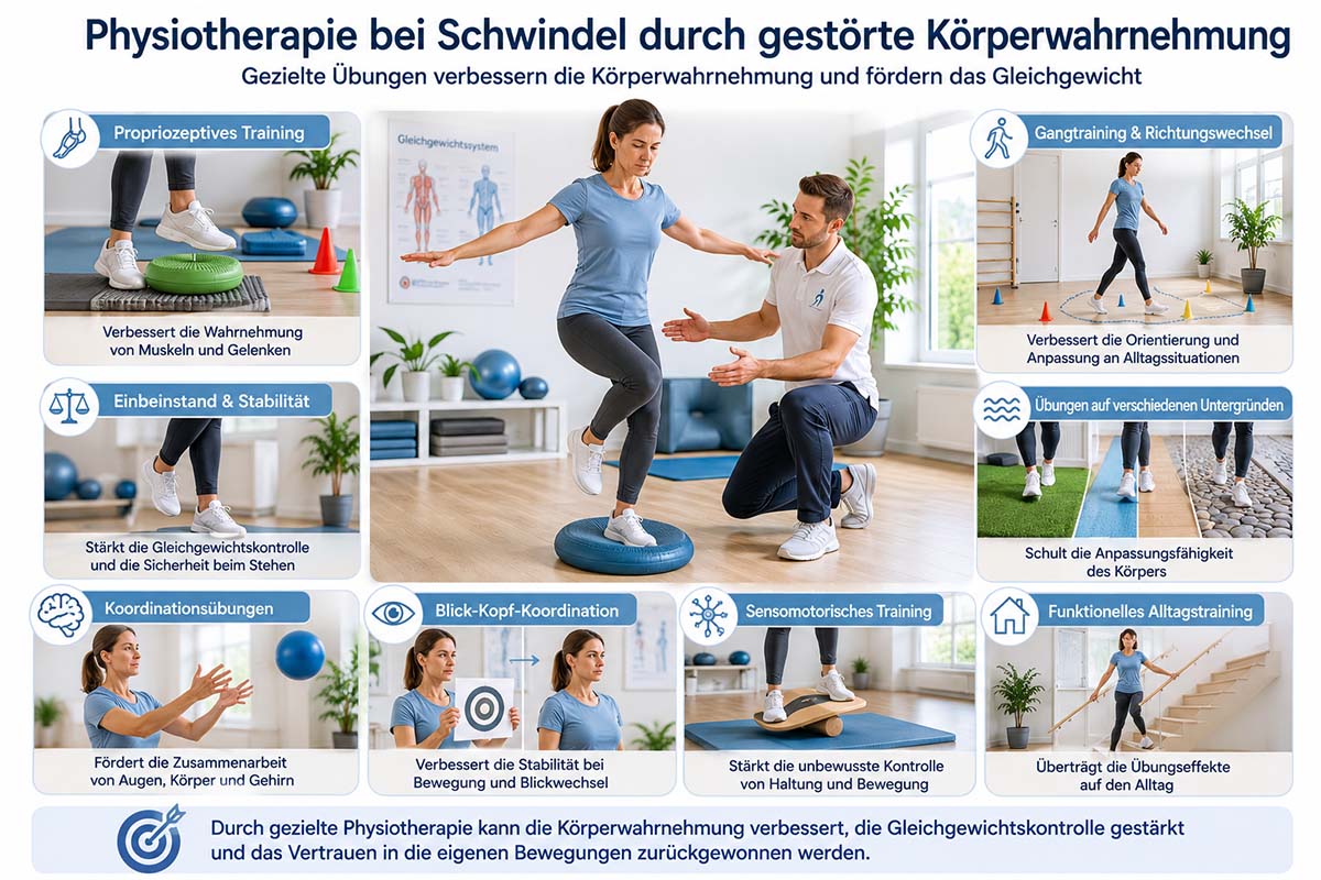 Grafik zur Physiotherapie bei Schwindel durch gestörte Körperwahrnehmung mit sensomotorischem Training, propriozeptivem Training, Einbeinstand, Gangtraining und Koordinationsübungen.