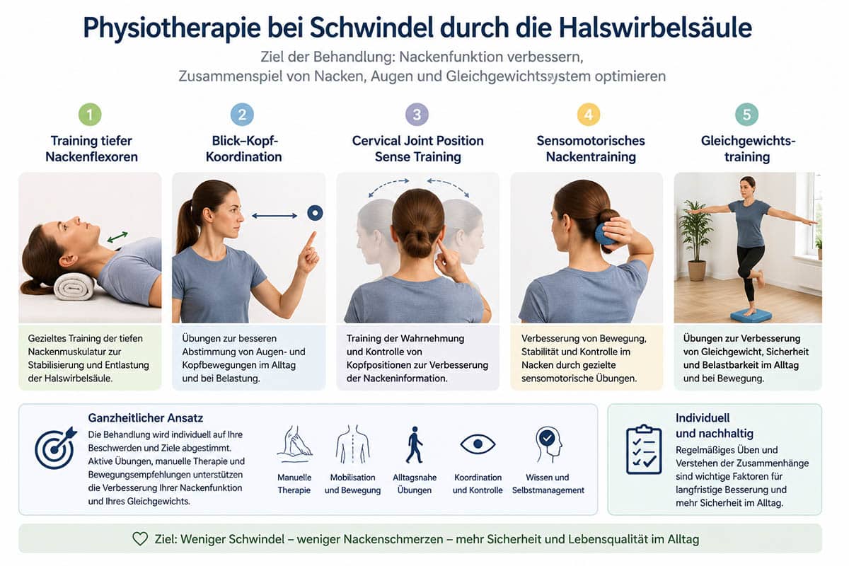 Grafik zur Physiotherapie bei Schwindel durch die Halswirbelsäule mit Training tiefer Nackenflexoren, Blick-Kopf-Koordination, Cervical Joint Position Sense Training, sensomotorischem Nackentraining und Gleichgewichtstraining.