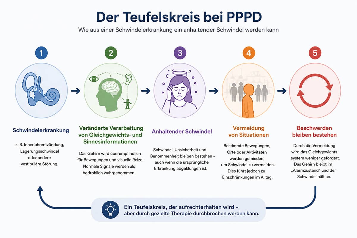 Grafik zum Teufelskreis bei PPPD mit Schwindelerkrankung, veränderter Verarbeitung von Gleichgewichtsinformationen, anhaltendem Schwindel, Vermeidungsverhalten und fortbestehenden Beschwerden.