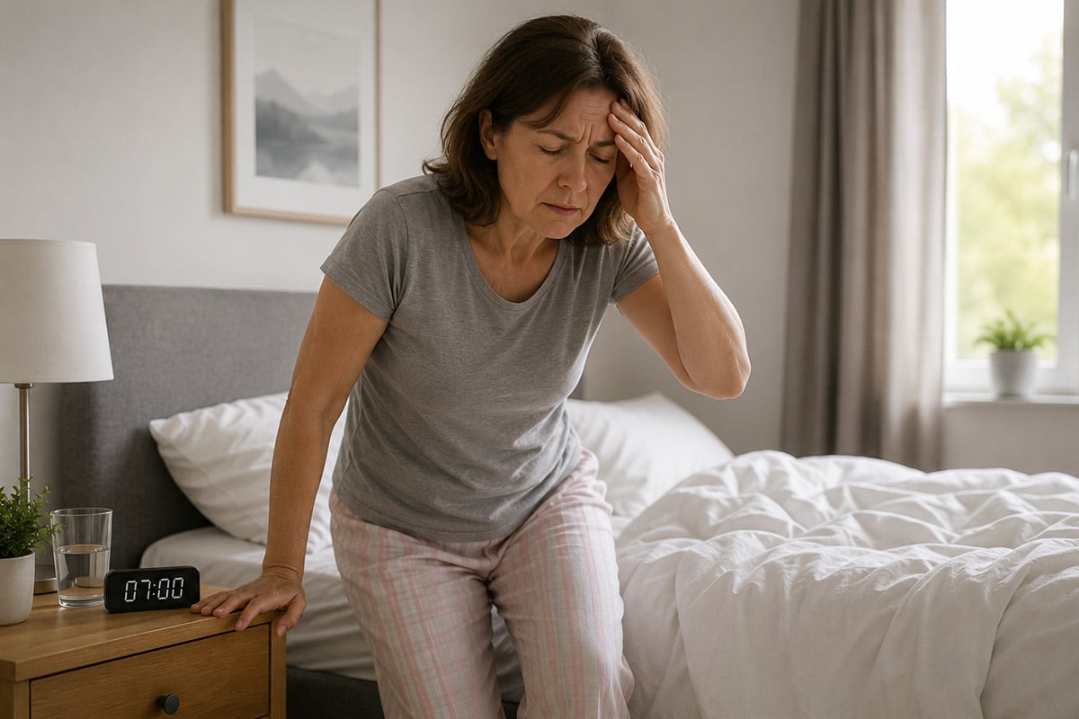 Person mit Schwindel beim Aufstehen steht morgens vom Bett auf und stützt sich wegen Benommenheit am Nachttisch ab.