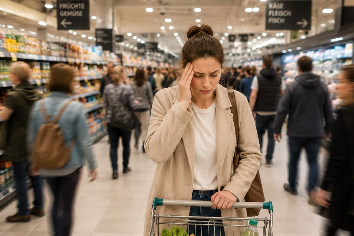 Person mit PPPD in einem Supermarkt. Visuell komplexe Umgebungen und Menschenmengen können Schwindel und Unsicherheit verstärken.
