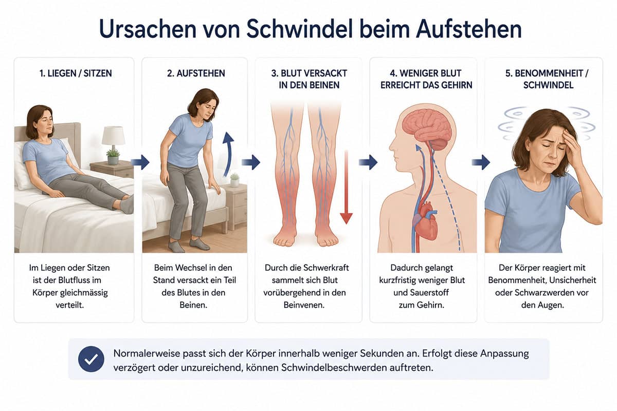 Grafik zu den Ursachen von Schwindel beim Aufstehen mit Blutdruckabfall, Blutansammlung in den Beinen und vorübergehend verminderter Durchblutung des Gehirns.