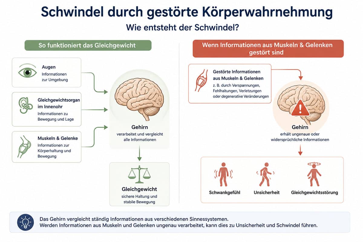 Grafik zur Entstehung von propriozeptivem Schwindel. Das Gehirn verarbeitet Informationen aus Augen, Gleichgewichtsorgan sowie Muskeln und Gelenken. Werden Informationen aus Muskeln und Gelenken ungenau verarbeitet, können Unsicherheit und Schwankgefühle entstehen.