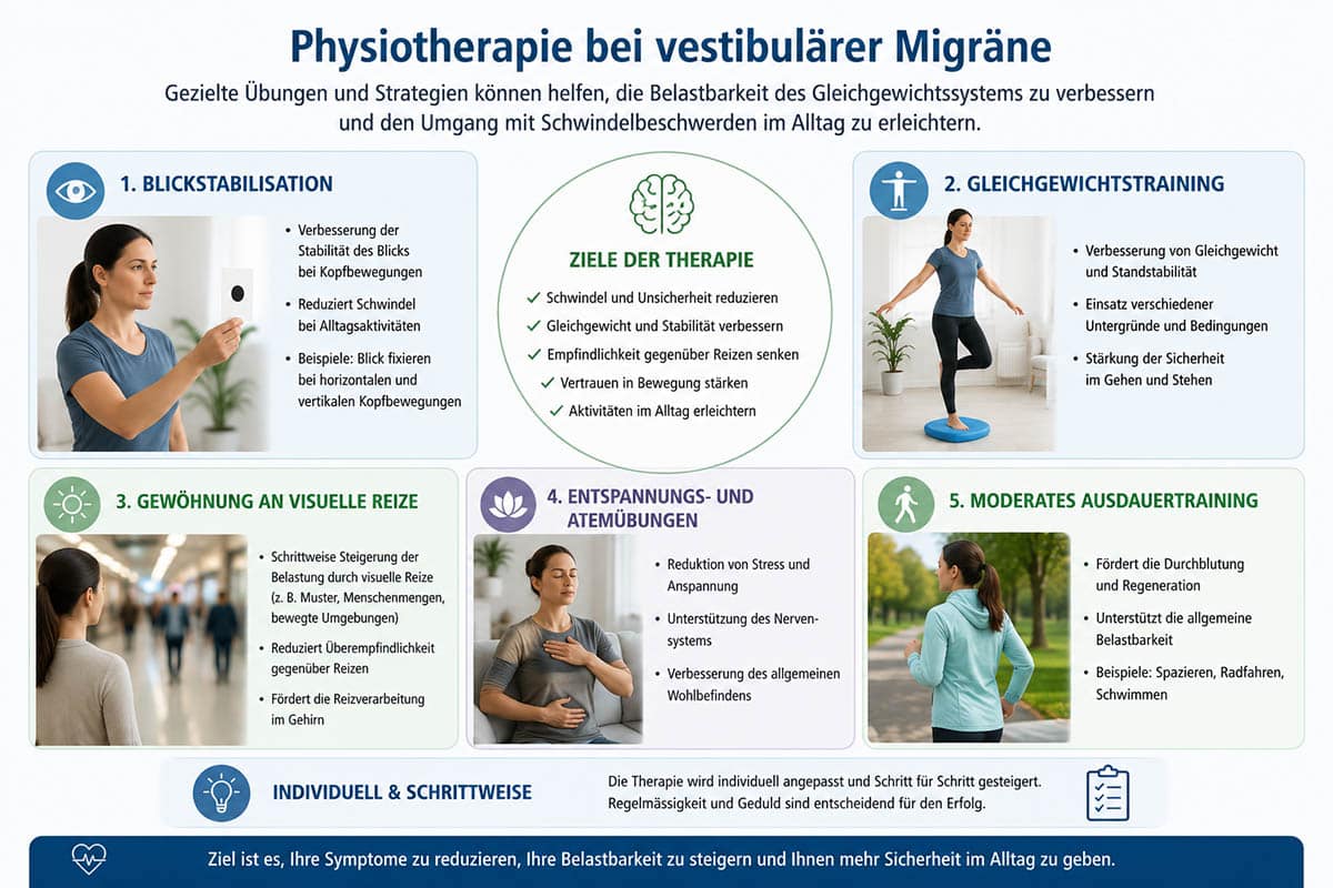 Grafik zur Physiotherapie bei vestibulärer Migräne mit Blickstabilisationstraining, Gleichgewichtstraining, Gewöhnung an visuelle Reize, Entspannungsübungen und moderatem Ausdauertraining.