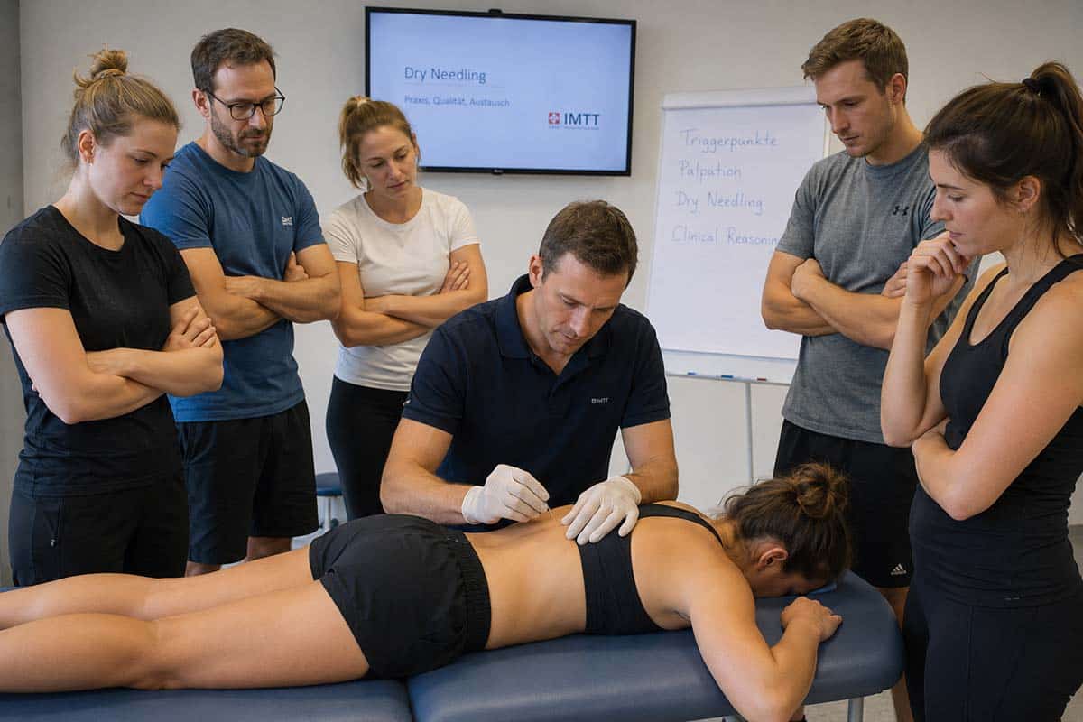 Physiotherapeut:innen üben Dry Needling Techniken in der IMTT Dry Needling Übungsgruppe in Binningen bei Basel.
